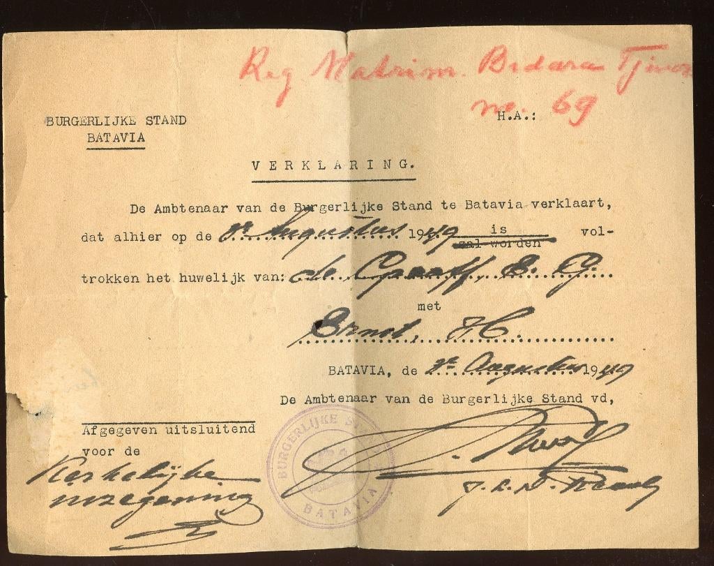 1919 Batavia Huwelijkscertif. E.G. de Graaff H. Ernst, Ophalen, Gebruikt