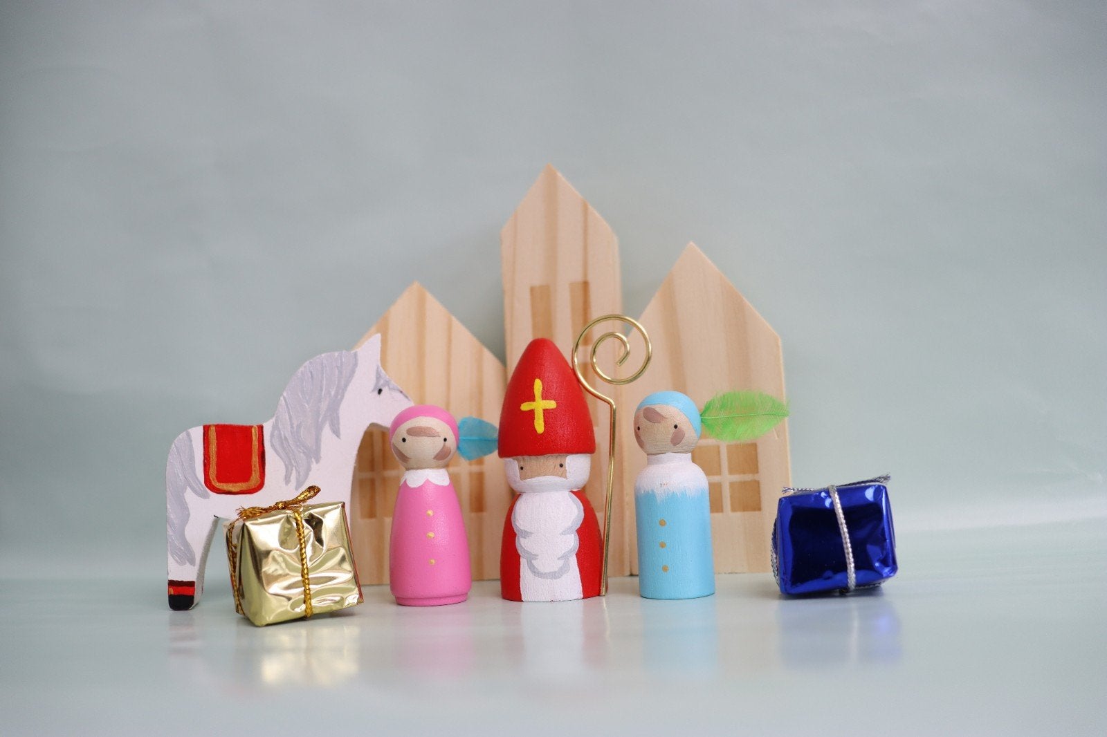 Peg dolls houten poppetjes sint en piet decoratie kado, Ophalen of Verzenden, Nieuw, Poppenhuis