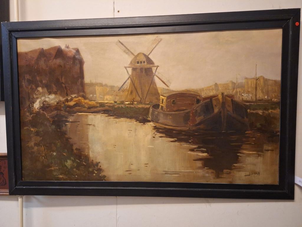 Schilderij: Boten aan de Vaart met Molen Joop Kropff, Ophalen of Verzenden