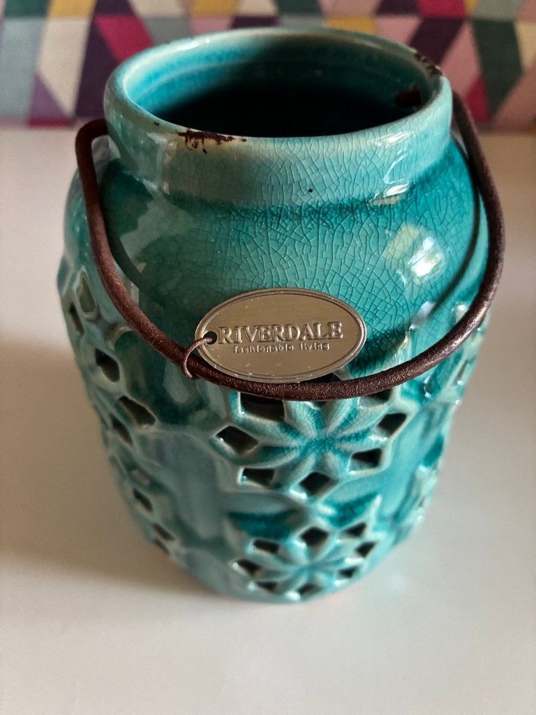 Brocante Turquoise Riverdale Windlicht, Huis en Inrichting, Ophalen of Verzenden, Zo goed als nieuw, Steen/keramiek, Brocante