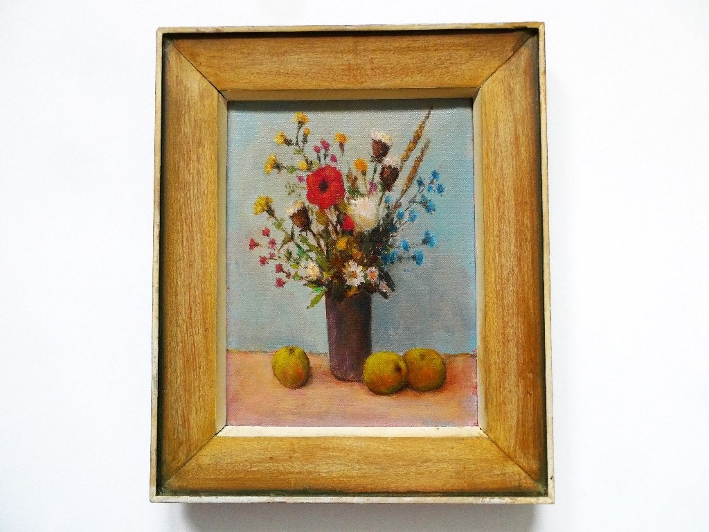 Vintage schilderij met bloemstilleven klaproos veldbloemen, Antiek en Kunst, Bloemen, Doek, Ophalen of Verzenden, Olieverf