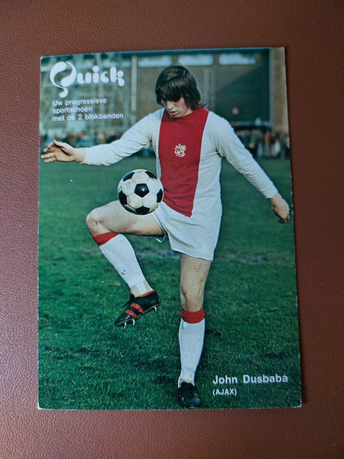 ajax spelerskaart john dusbaba reclamekaart quick jaren 70, Ophalen of Verzenden, Zo goed als nieuw, Ajax, Spelerskaart