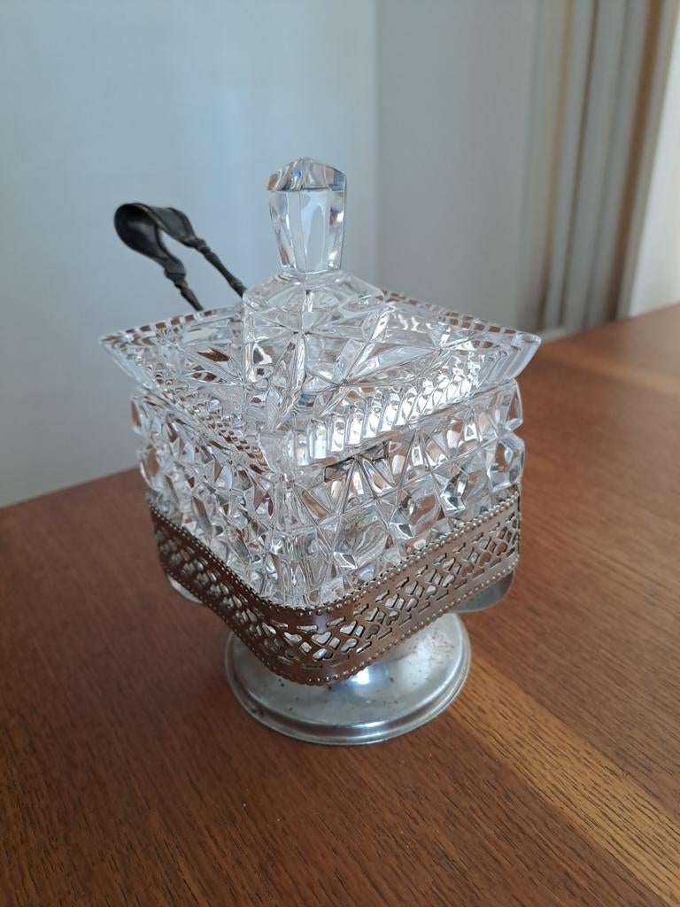 Vintage Kristallen Suikerpot met Zilverkleurige Houder, Antiek en Kunst, Antiek | Glas en Kristal, Ophalen