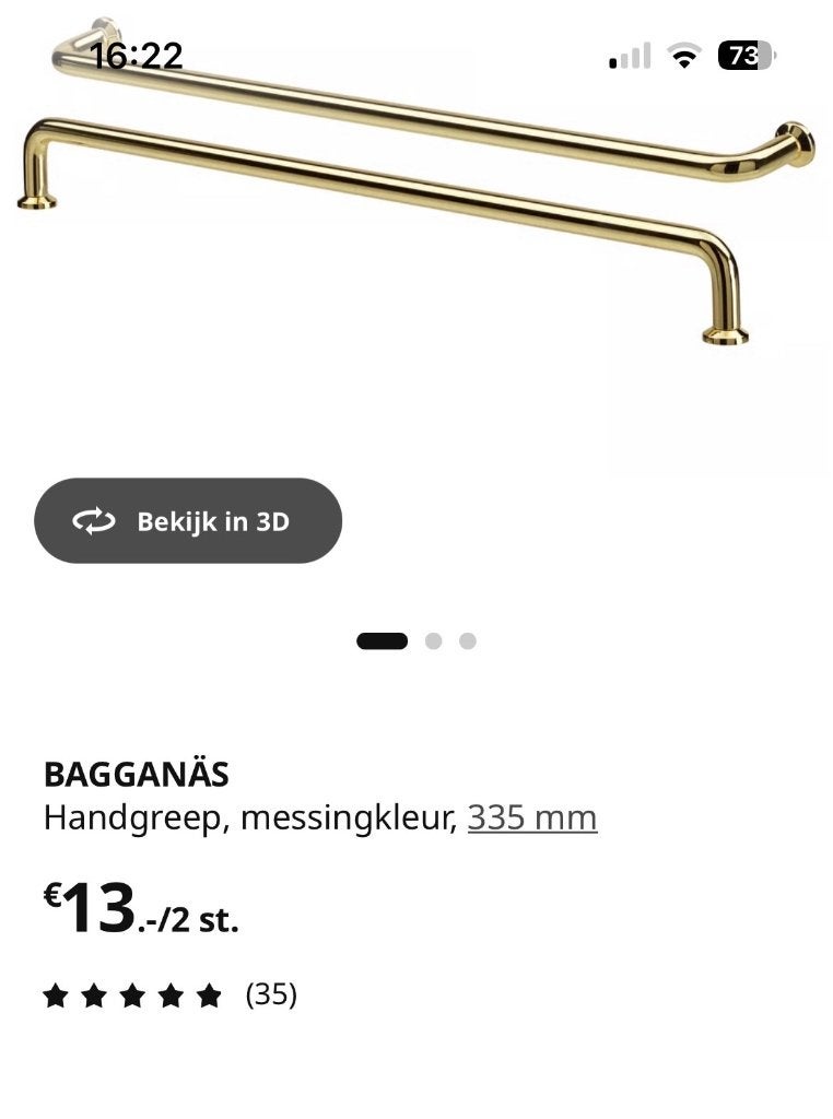 Messing handgrepen IKEA 3 stuks Bagganas, Doe-het-zelf en Verbouw, Koper of Messing, Nieuw, Ophalen of Verzenden, Klink of Kruk