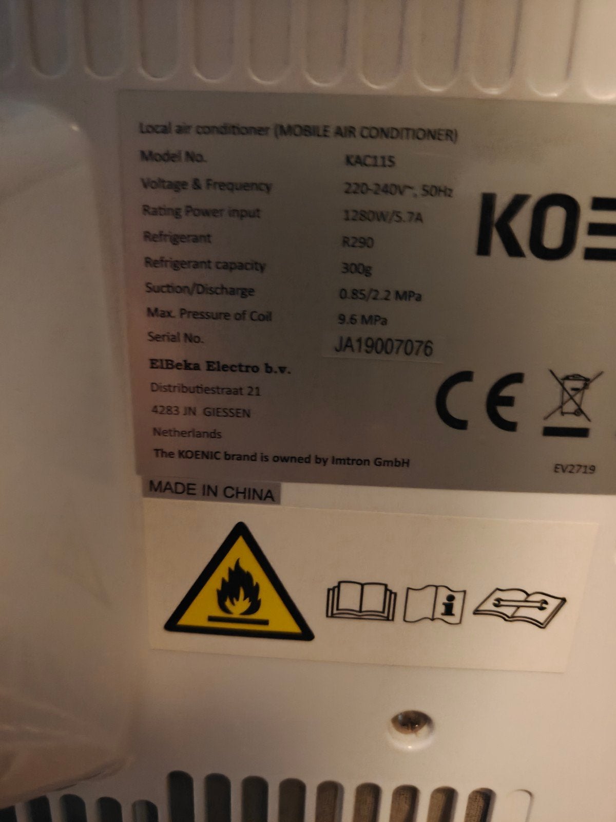Koenic KAC 115 Mobiele Airco met Afstandsbediening, Ophalen, Gebruikt, Minder dan 60 m³, 3 snelheden of meer