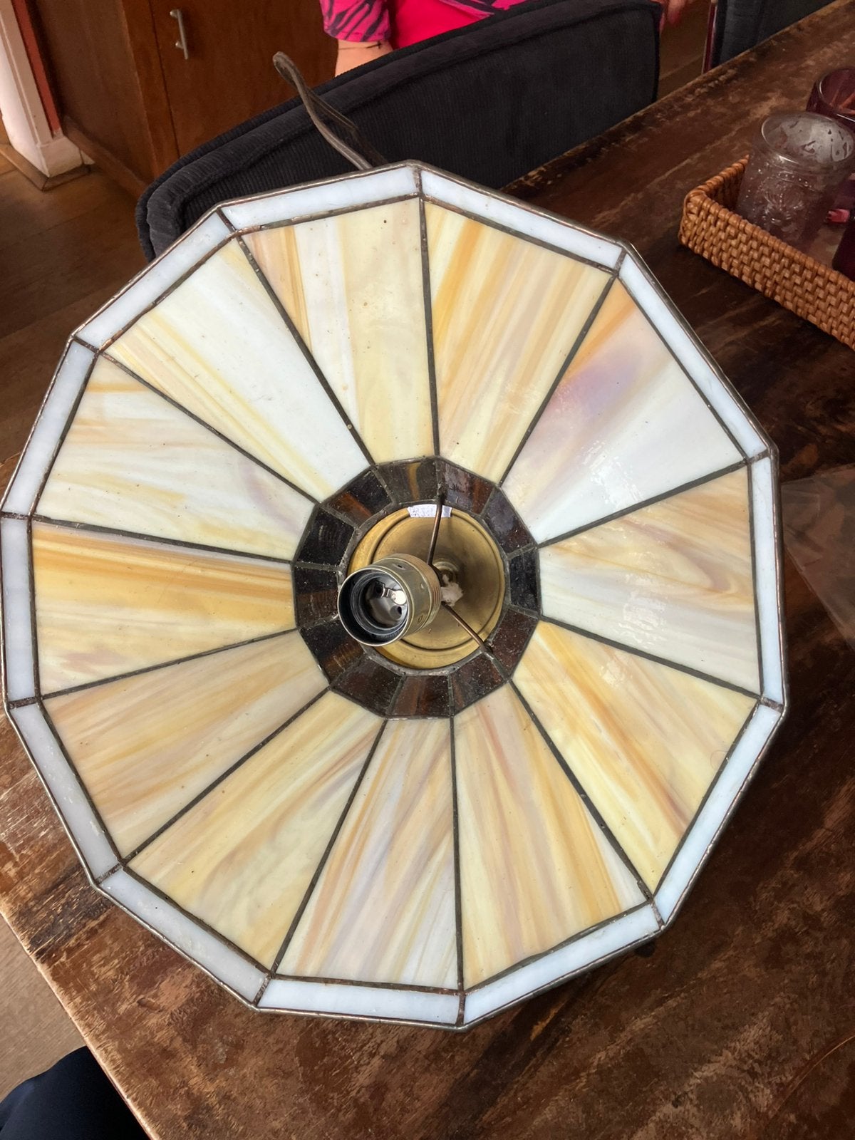 Handgemaakte Tiffany lamp (70 jaren), Huis en Inrichting, Hanglamp, Gebruikt, Meerkleurig, 35 cm