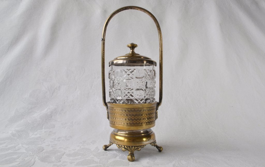 Antieke verzilverde Dekselpot met geslepen glazen potje 1905, Ophalen of Verzenden