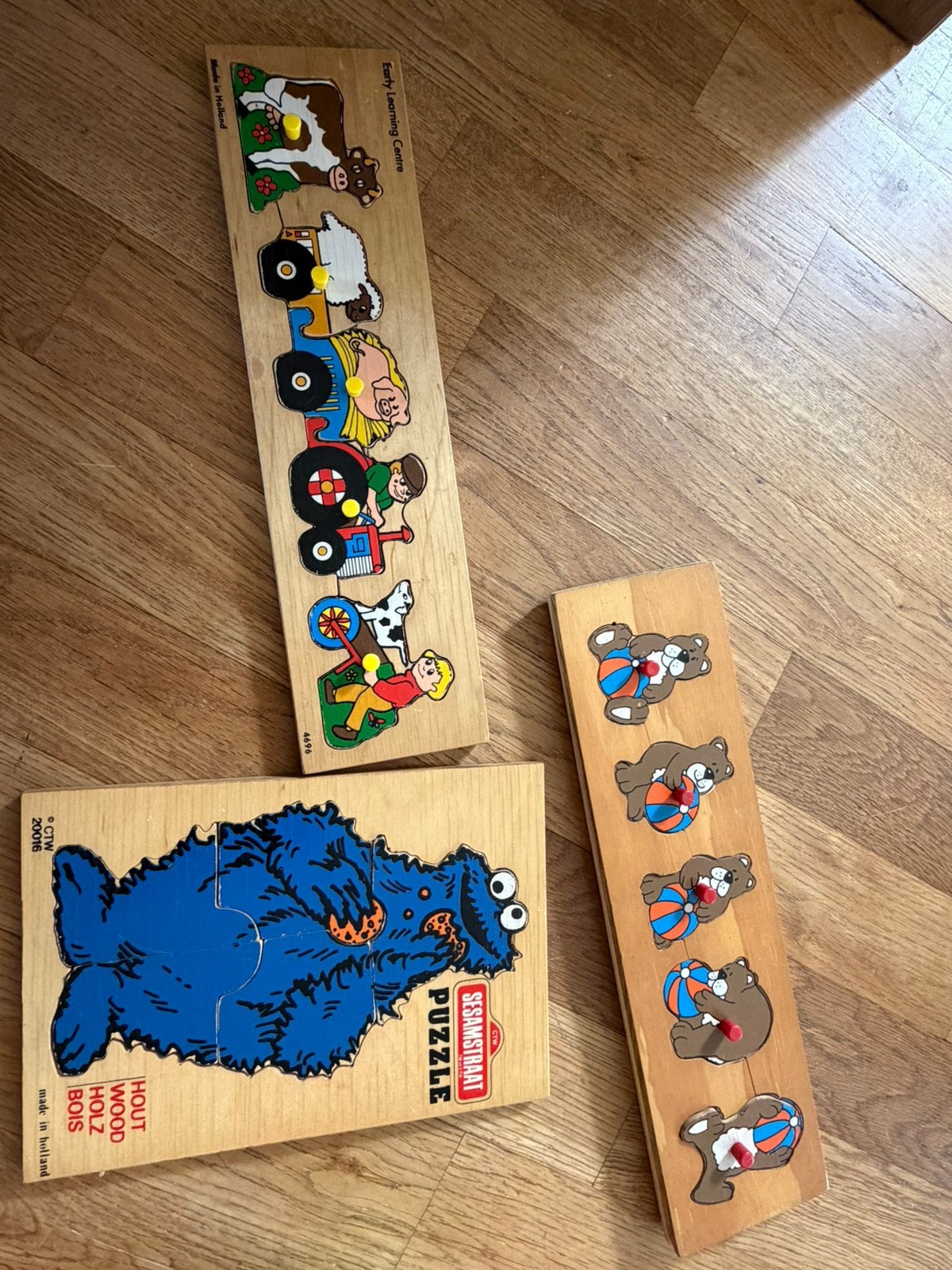 3 houten puzzels voor de allerkleinsten, Ophalen of Verzenden, Minder dan 10 stukjes, Zo goed als nieuw, 6 maanden tot 2 jaar
