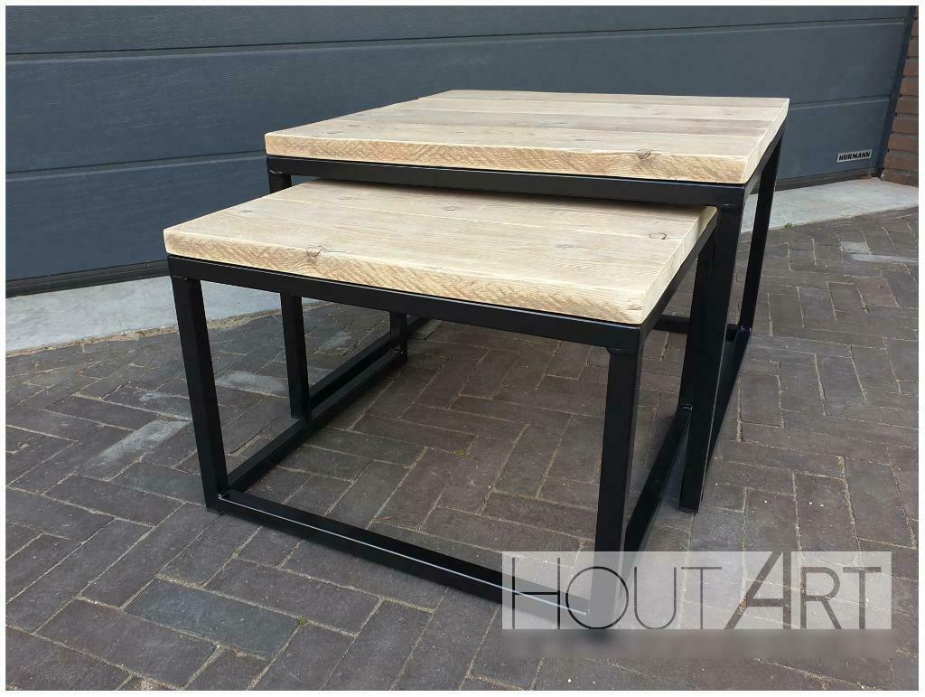 Salontafel stalen kubus set steigerhout, 50 tot 100 cm, 50 tot 75 cm, Overige materialen, Vierkant