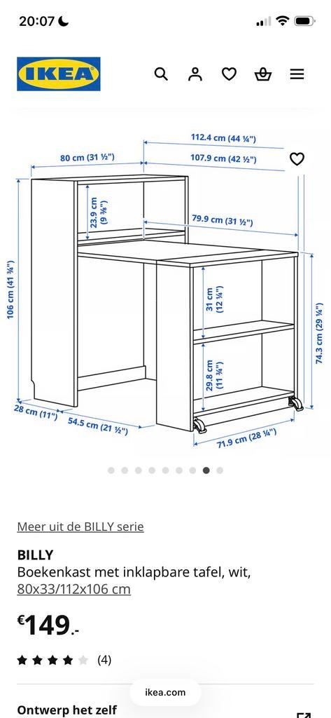 IKEA Billy Boekenkast met Inklapbare Tafel, Ophalen, Met plank(en), Minder dan 50 cm, 100 tot 150 cm