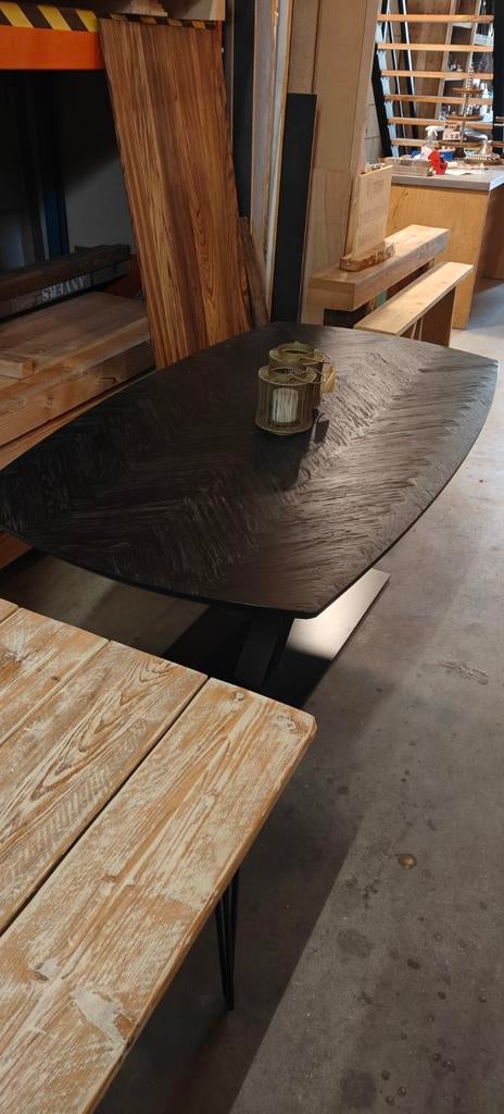 Zwarte Eiken Visgraat Tafel - 180x100 - Deens ovaal., 100 tot 150 cm, Eikenhout, Ophalen of Verzenden, Rechthoekig