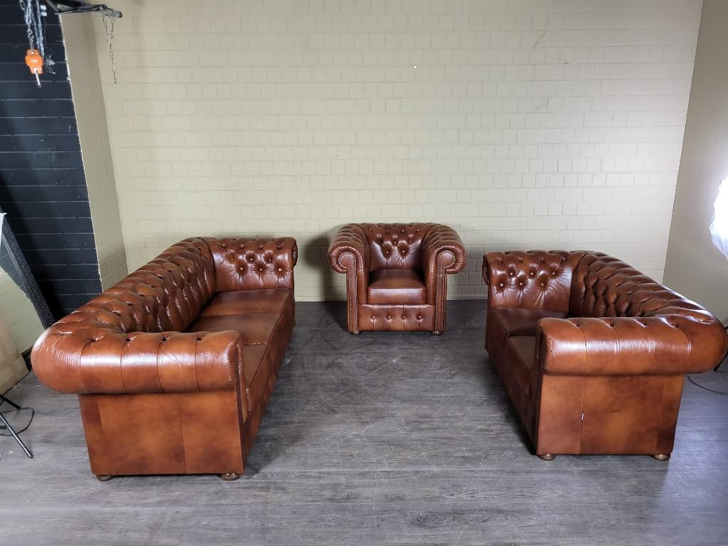 Chesterfield rundleder 3-2-1 zits, bruin, compleet, Ophalen of Verzenden, Nieuw, Rechte bank, Leer