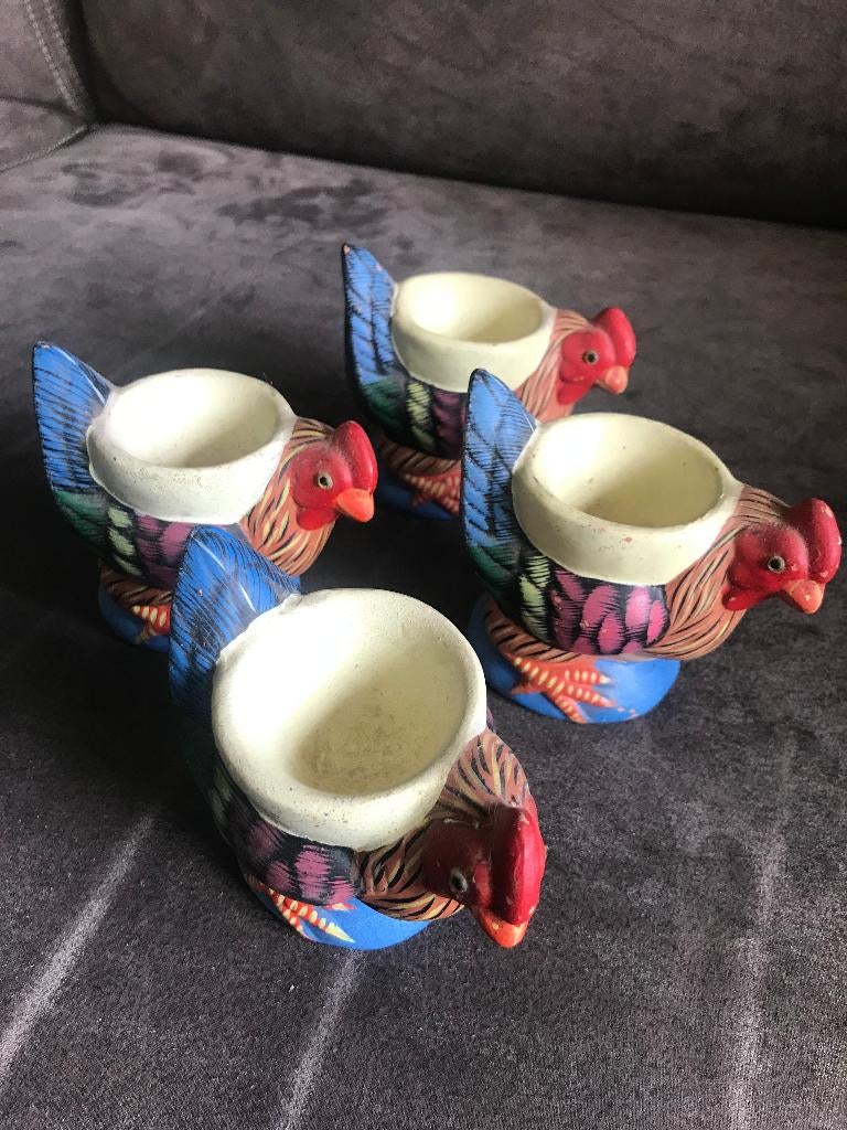 4 Vintage Eierdopjes Van een Haan Handbeschilderd., Ophalen of Verzenden, Zo goed als nieuw