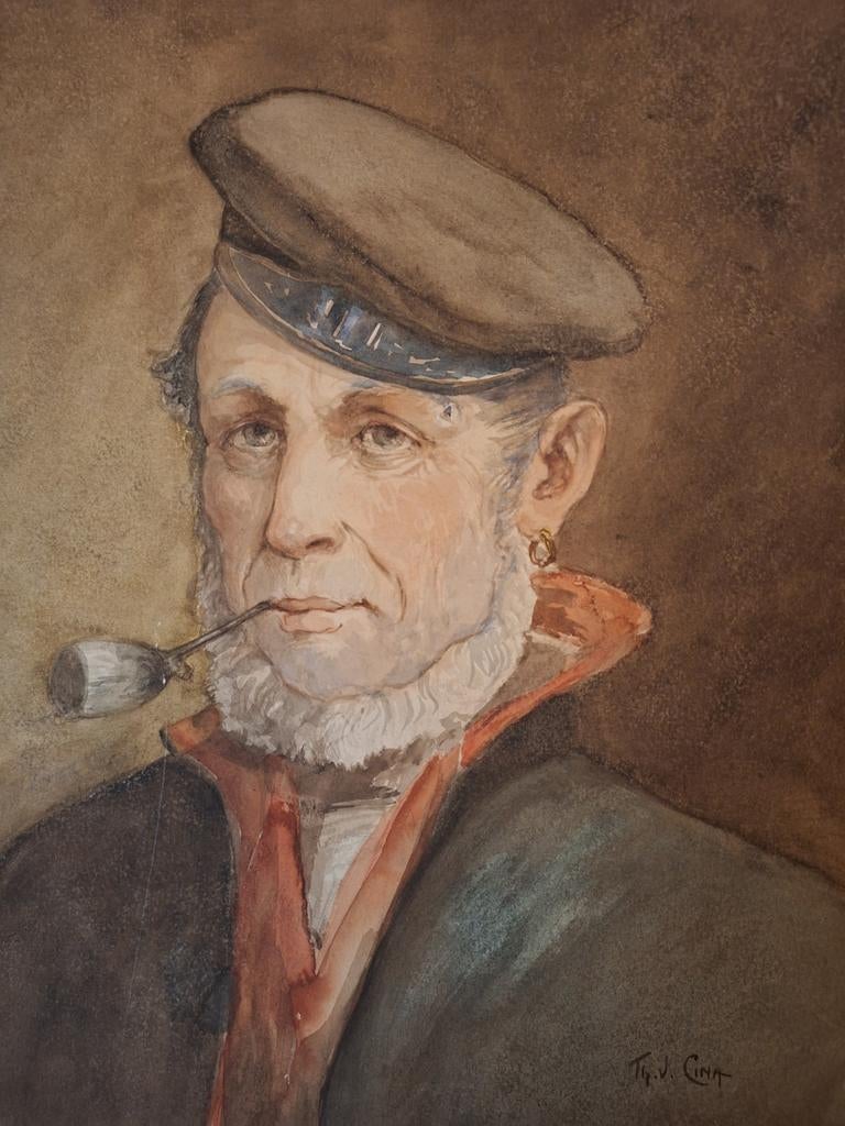 Aquarel van een zeeman met pijp th v Cina 1865 - 1940, Ophalen of Verzenden