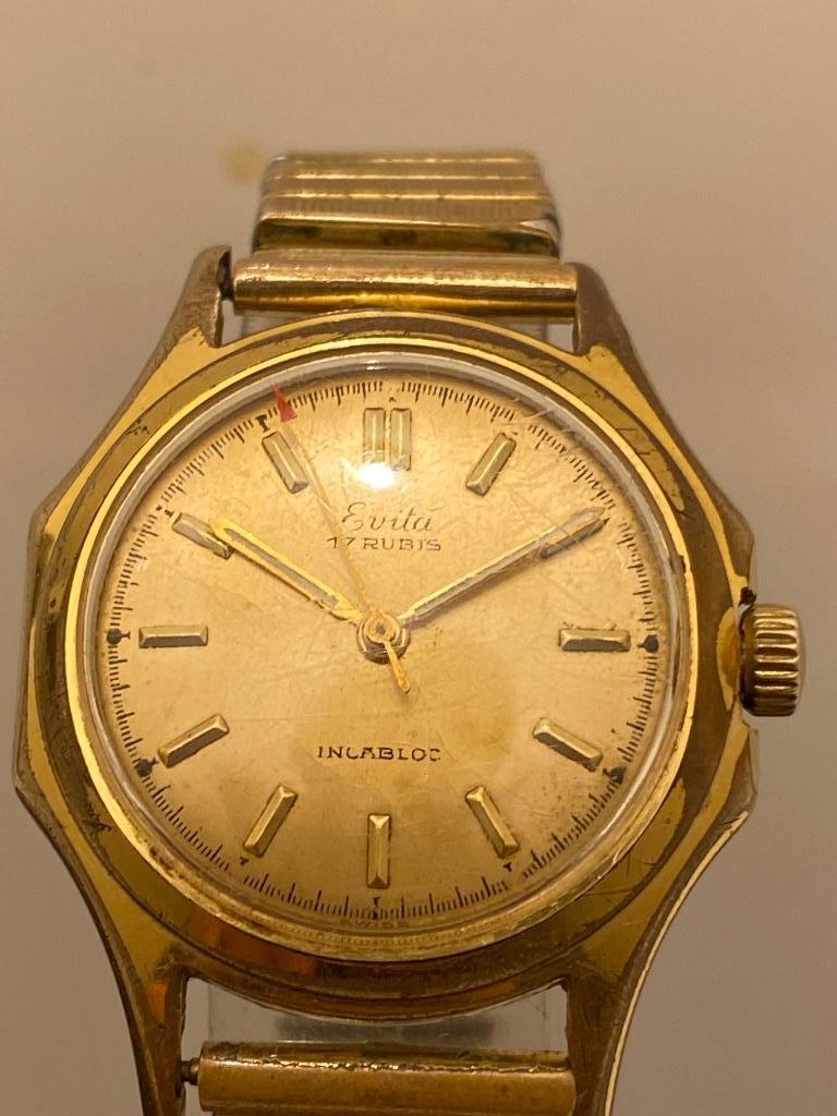 Evita 17 Rubis Incabloc Verguld 32mm Plexiglas Horloge, Overige merken, Overige materialen, Ophalen of Verzenden, Polshorloge