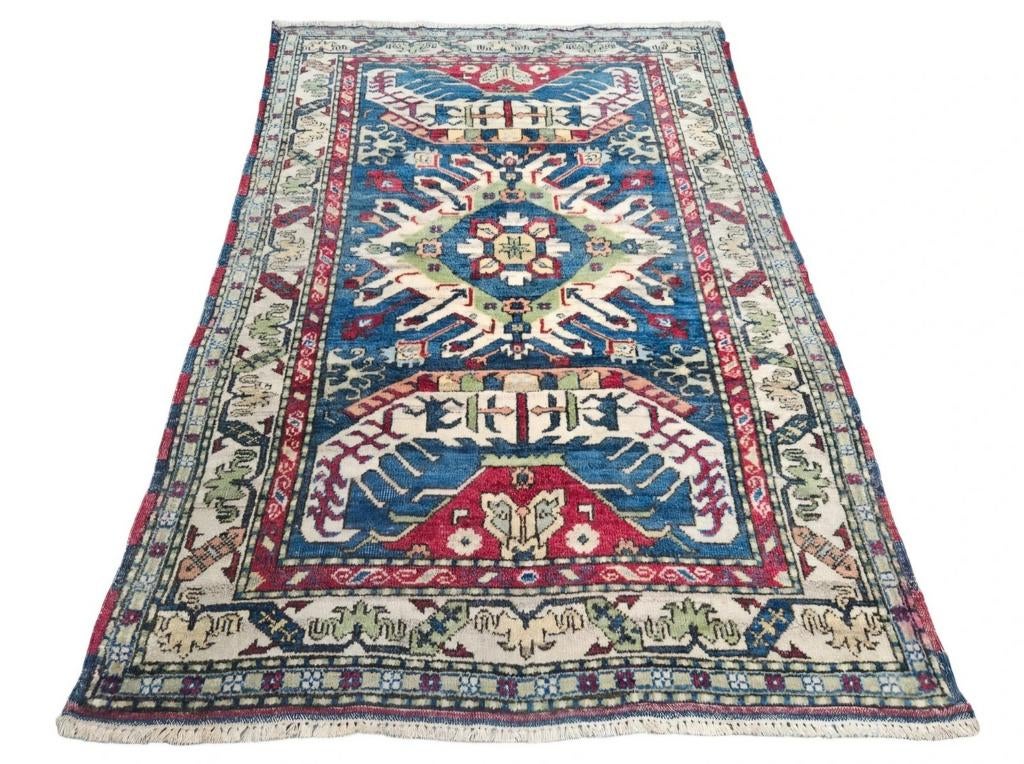 Handgeknoopt oosters wol Kazak tapijt medallion 140x210cm, Gebruikt, 100 tot 150 cm, Crème, Onbekend