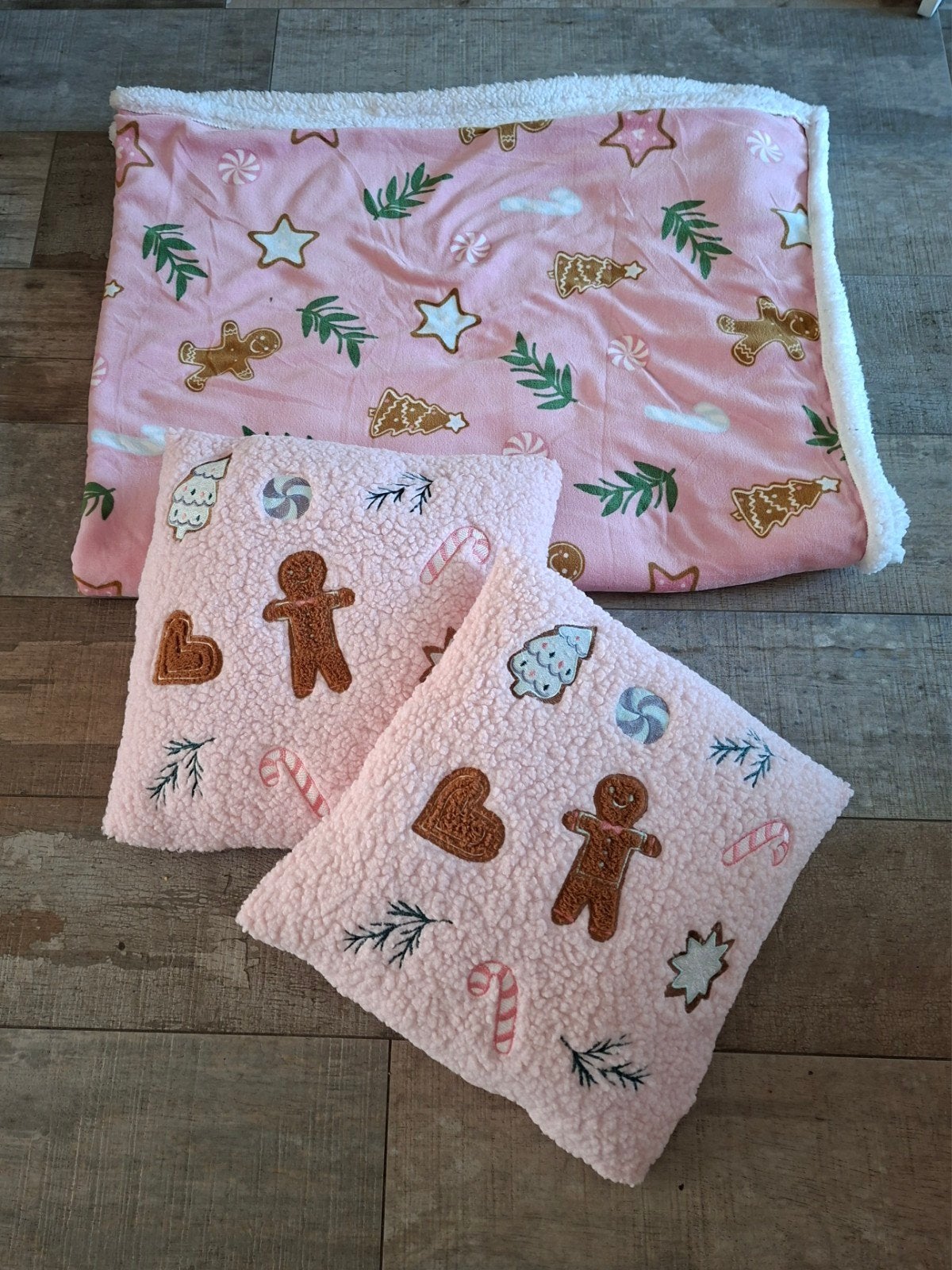 Leuke 3-delige Roze Kerstset: 2 Kussens en 1 Kleed, Met print, Ophalen of Verzenden, Zo goed als nieuw, Sierkussen