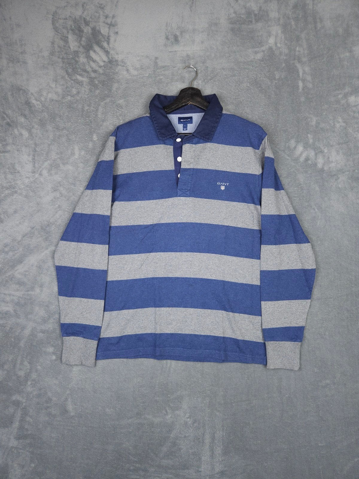Gant Rugby Shirt L Blauw Grijs Gestreept Lange Mouw Polo Tru, Maat 52/54 (L), Blauw, ., GANT