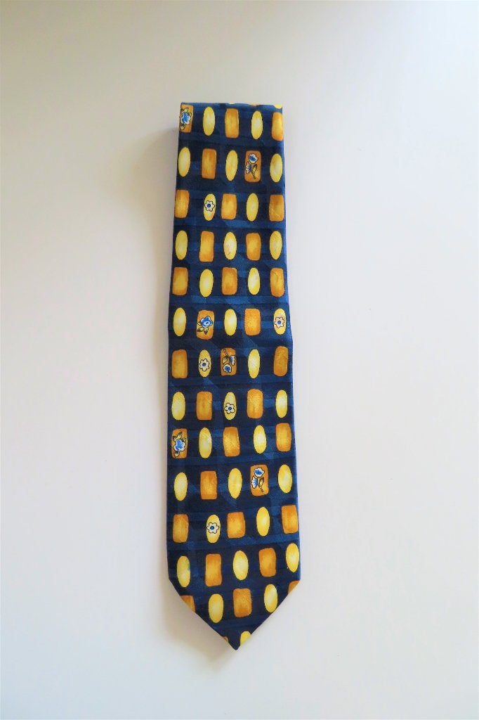 Stropdas Donkerblauw Geel (3488), Ophalen of Verzenden, Zo goed als nieuw, Blauw, Met patroon