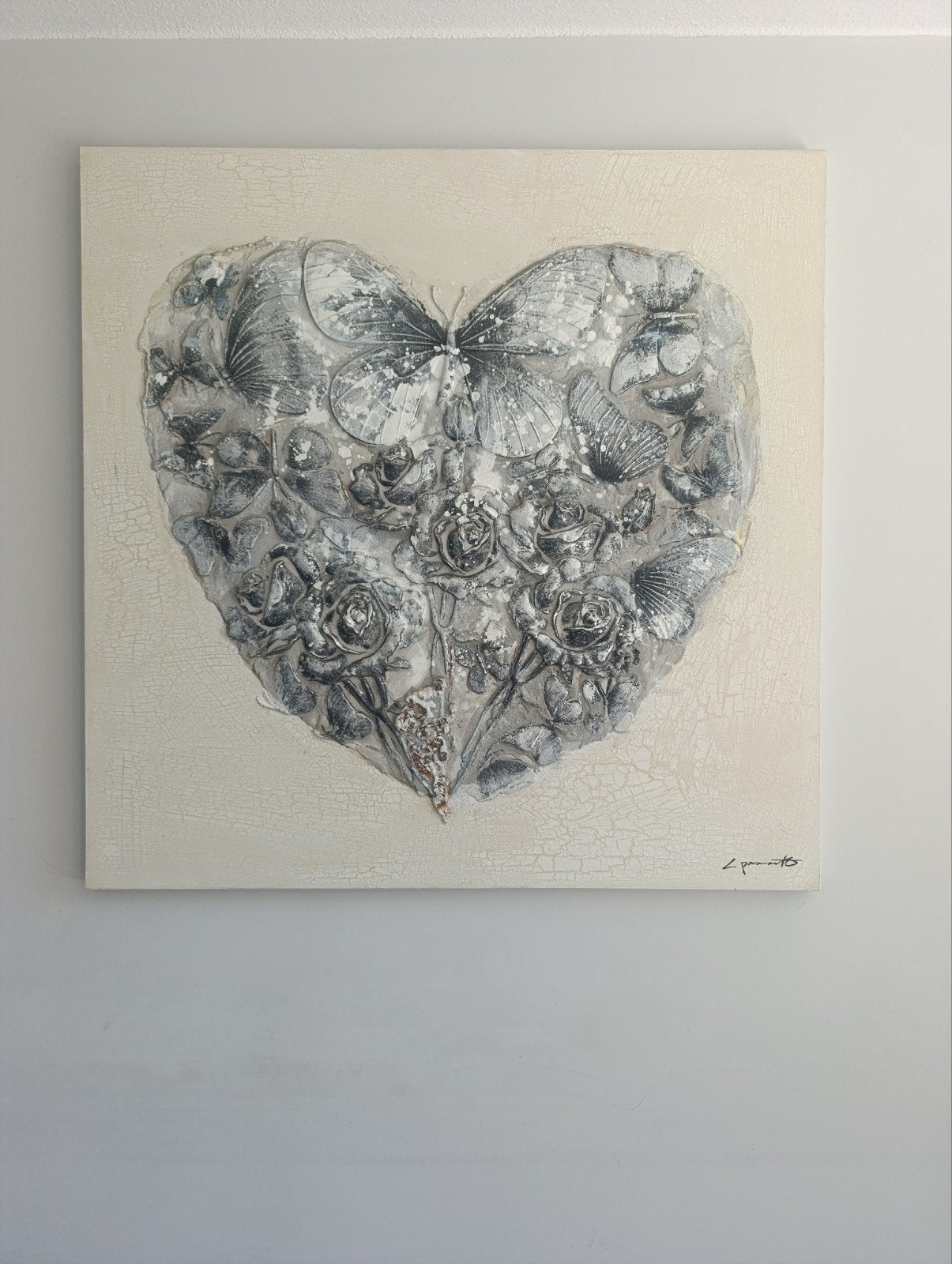Schilderij Hart met Vlinders en Rozen 120x120 cm, Ophalen, Overig onderwerp, Op houten frame, Gemengde techniek