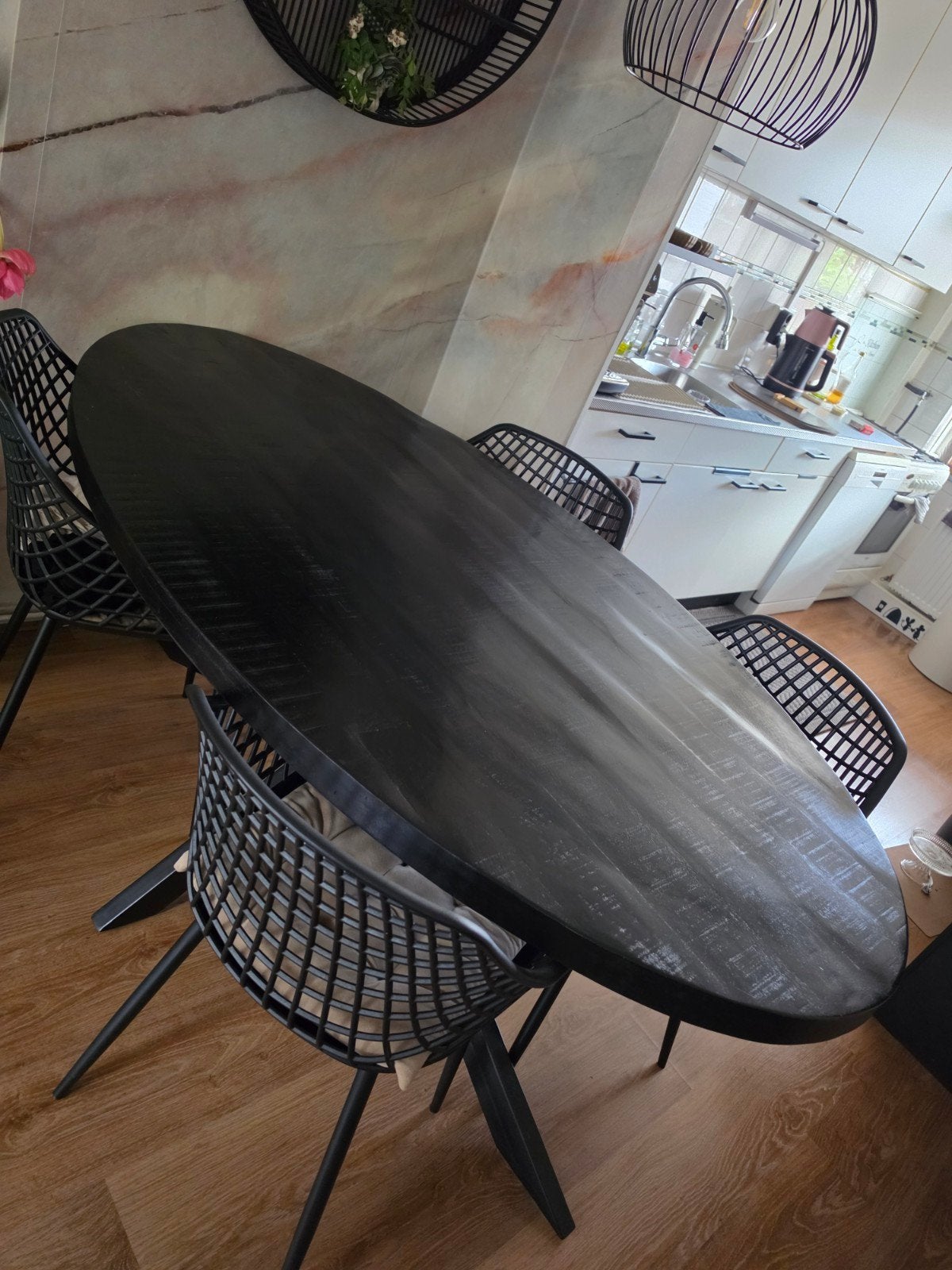 Ovale mangohout eettafelset en salontafel, Ophalen, Gebruikt, 50 tot 100 cm, Vijf personen of meer