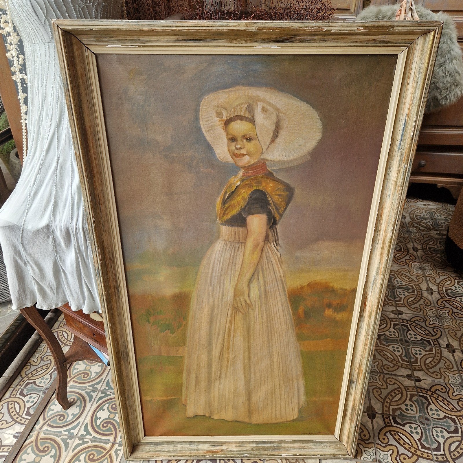 groot schilderij portret Zeeuws meisje brocante aan zee, Ophalen