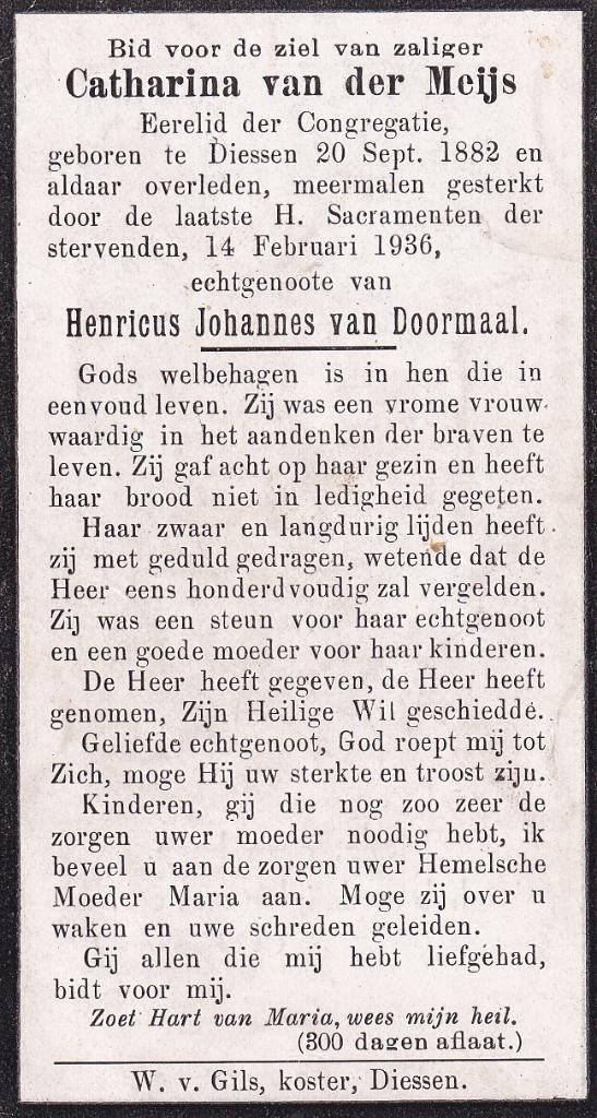 Meijs Catharina 1882 Diessen 1936, Ophalen of Verzenden, Bidprentje