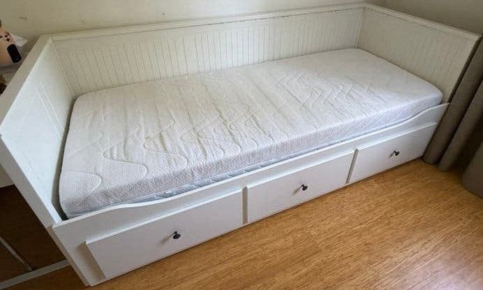 HEMNES Bedbank met 3 lades, wit, 80x200 cm, incl. matrassen, Ophalen, Gebruikt, Wit, Tweepersoons