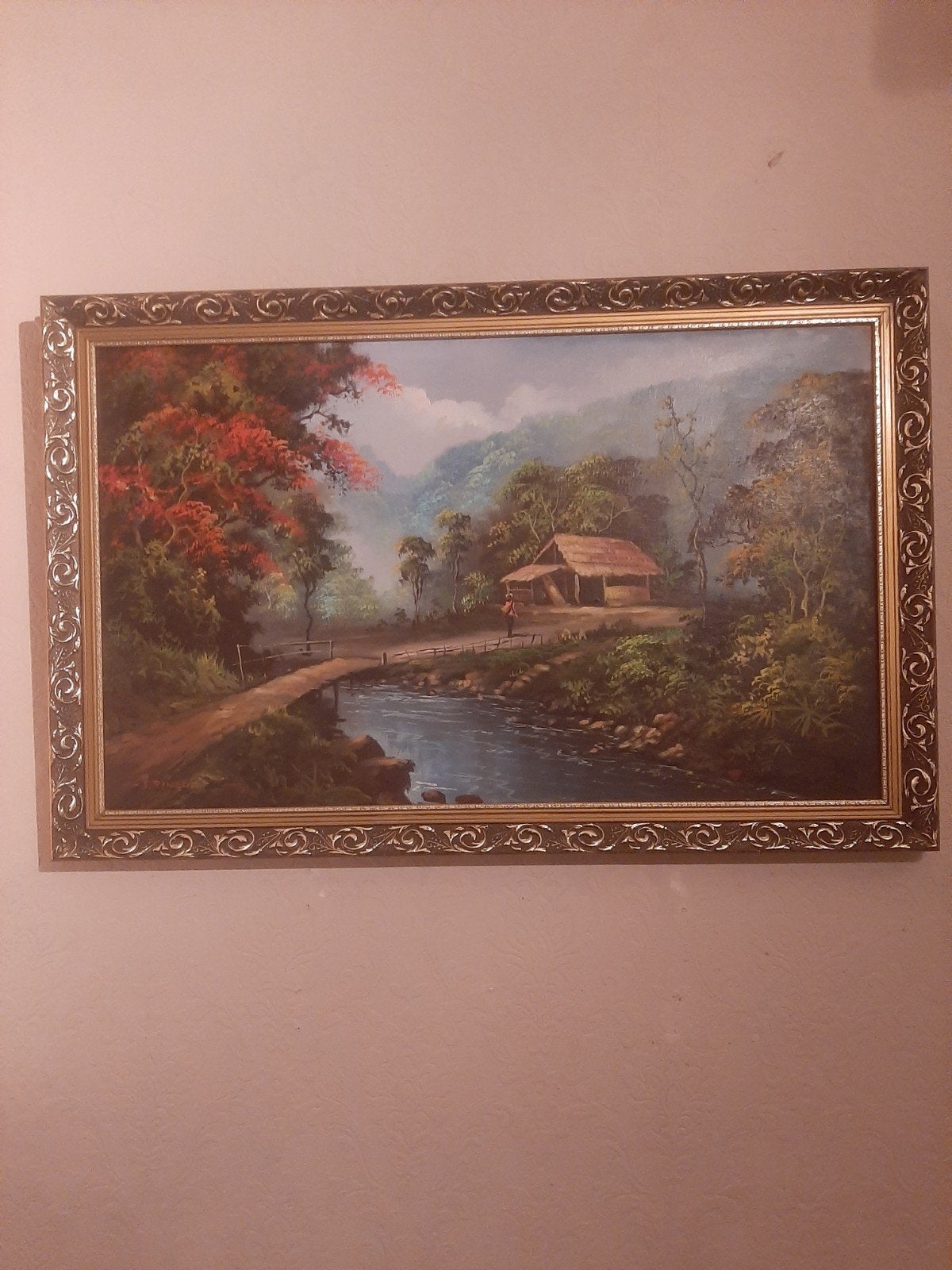 Prachtig gesigneerd kunstschilderij S. Riyadi - Landschap, Doek, Realistisch, Ophalen of Verzenden, Landschap