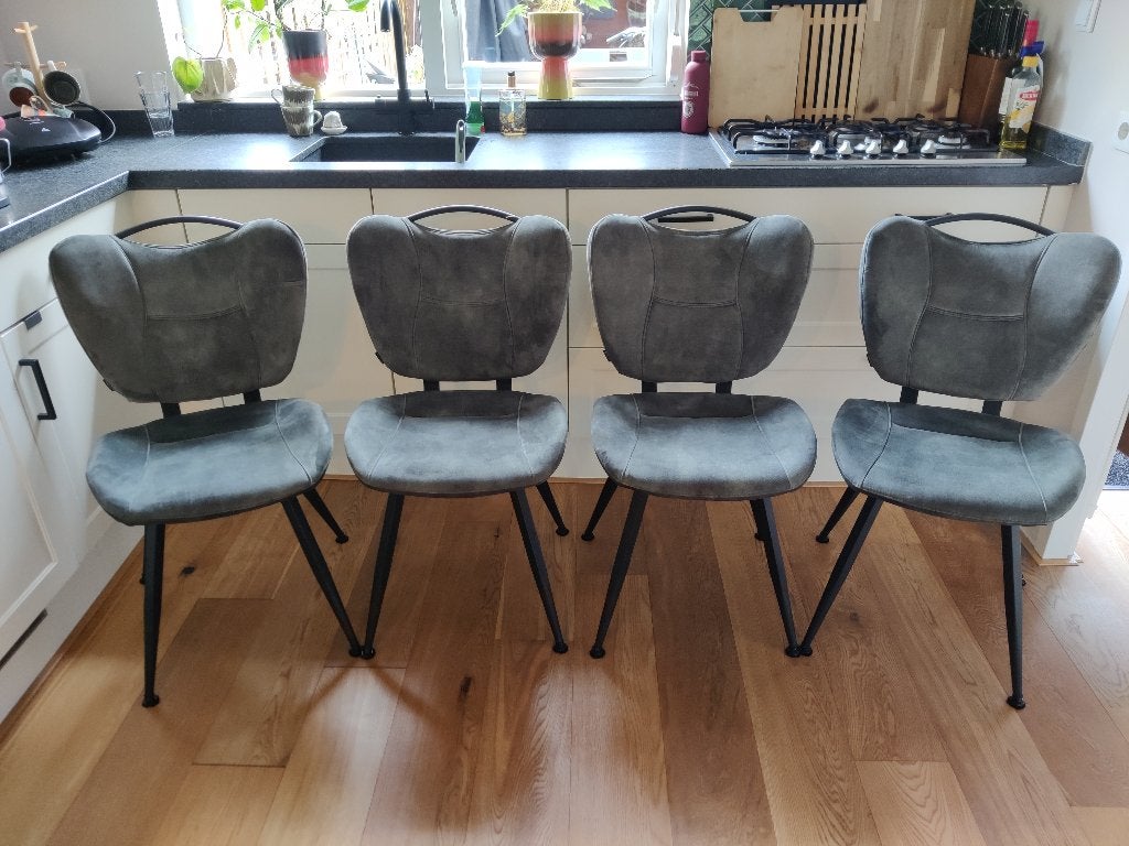 4 donkergroene eetkamerstoelen van MX sofa, Huis en Inrichting, Stoelen, Ophalen, Overige kleuren, Zo goed als nieuw, Modern