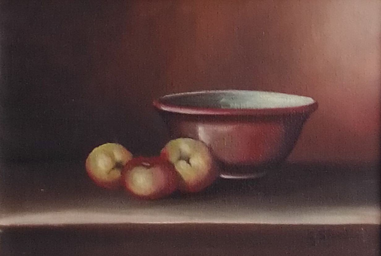 REALISTISCH STILLEVEN 3 APPELS 🍏 STIJL HENK HELMANTEL, Realistisch, Stilleven, Ophalen of Verzenden, Olieverf