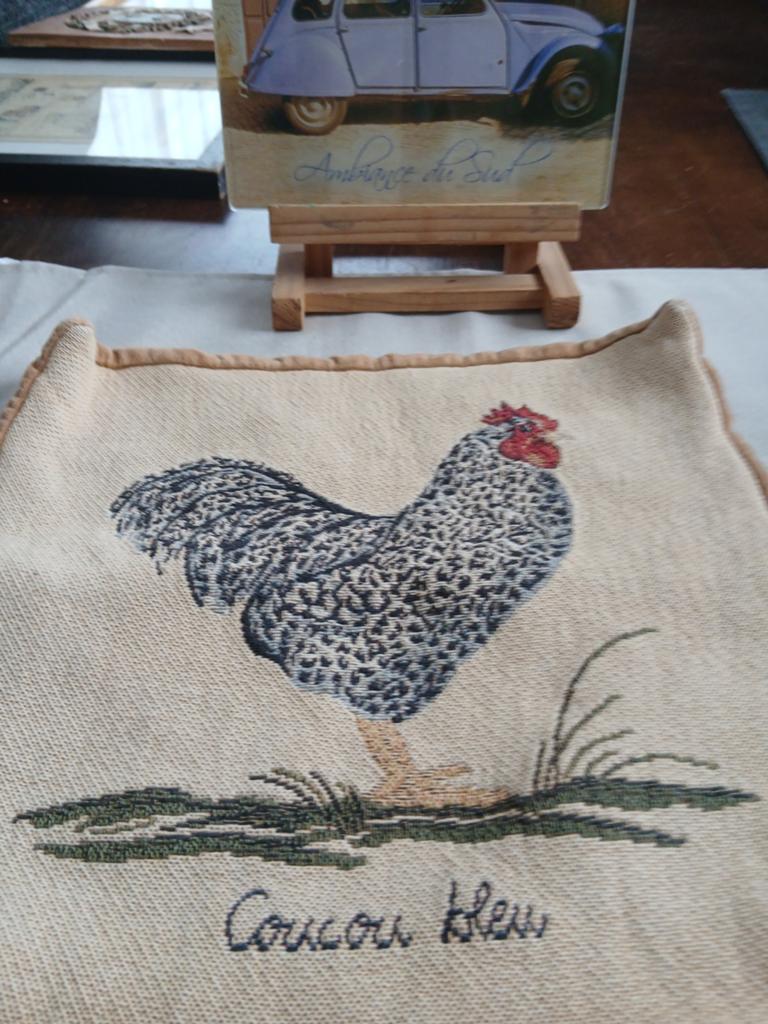 Vintage set jacquard kussensloop Coucou bleu+kip uit leer., Ophalen of Verzenden