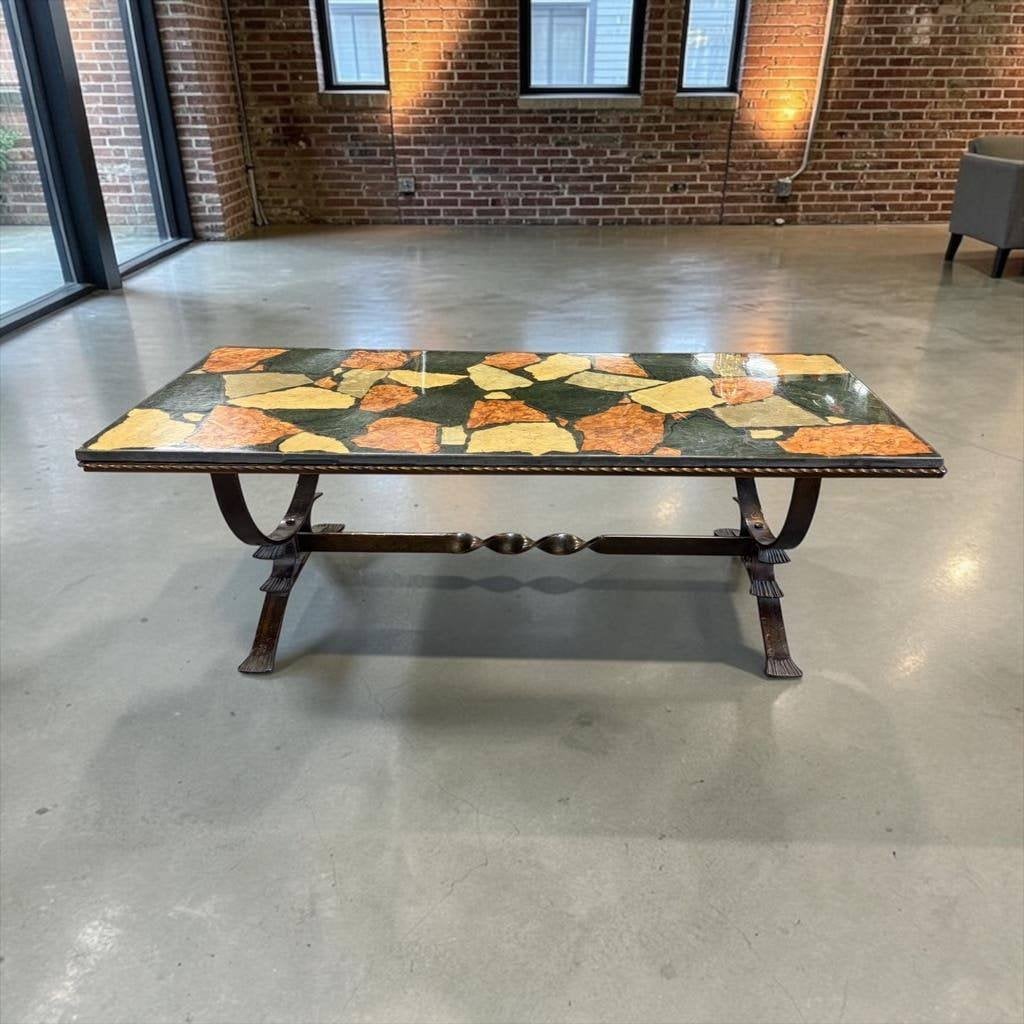 Vintage stenen coffee table/salontafel met gietijzeren frame, Antiek en Kunst, Ophalen