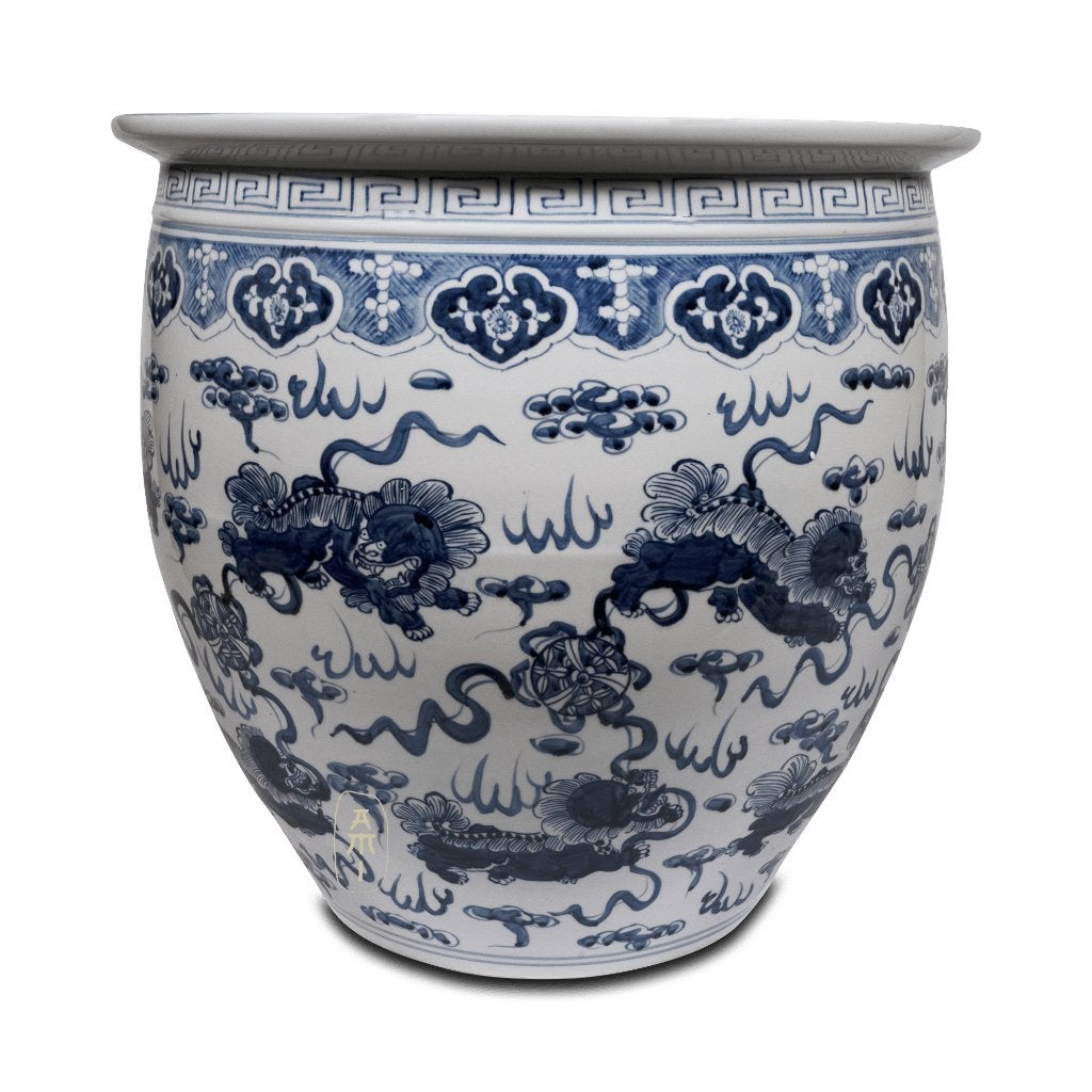 Grote Chinese bloempot met Fu-honden, 56 cm, Tuin en Terras, Bloempotten, 40 cm of meer, Rond, Ophalen of Verzenden, Aardewerk