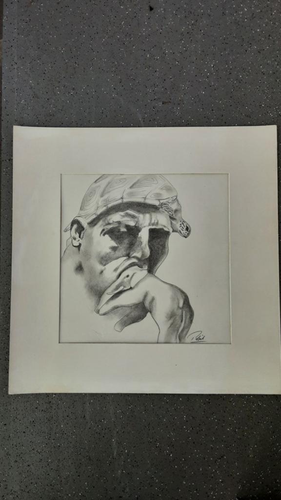 Man met schildpadschild en olifant. Tekening, Ophalen
