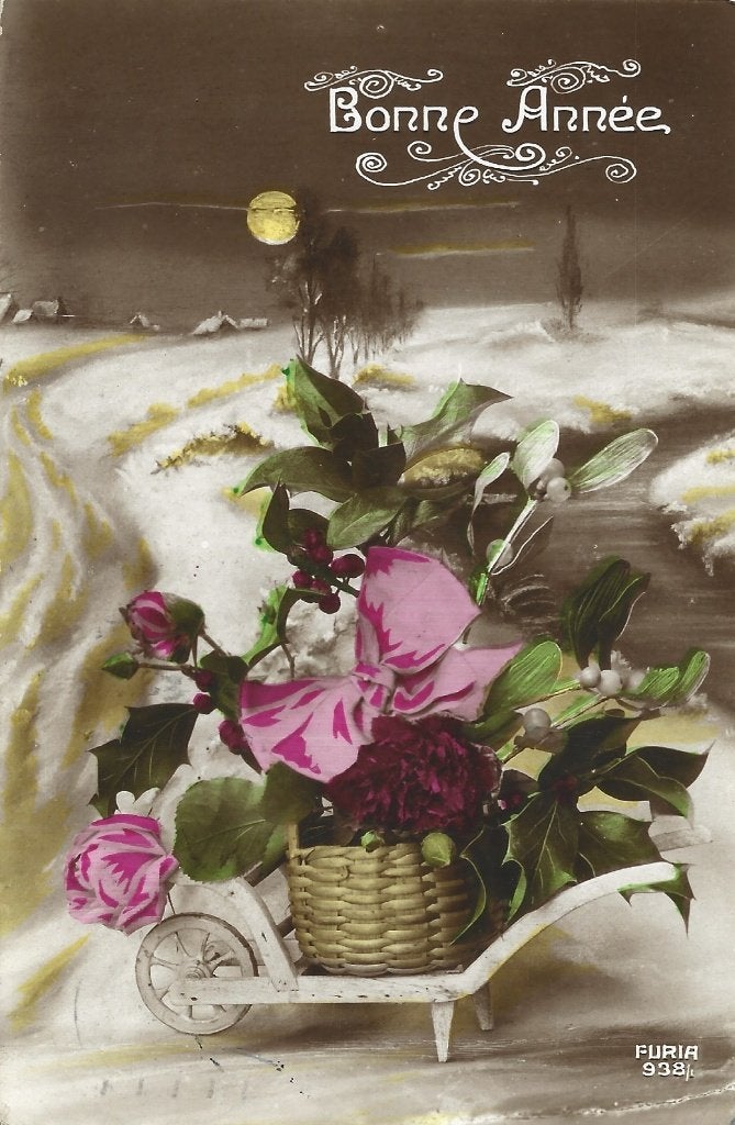 Antiek uit 1919*Kerst*Kruiwagen met Bloemen*Volle maan*Mooi, Ophalen of Verzenden, Voor 1920, Gelopen, Feest(dag)