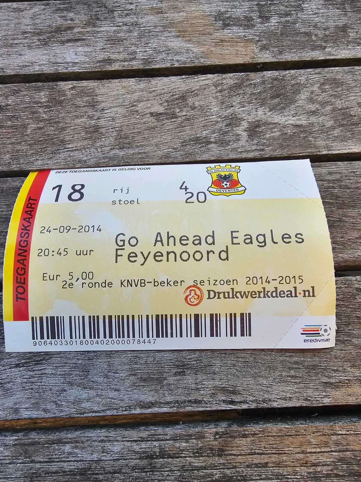 kaartje go ahead eagles-feyenoord 24-09-2014 knvb beker, Verzamelen, Verzenden, Feyenoord
