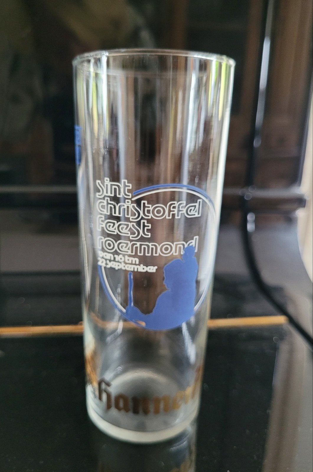 Vintage bierglas Hannen Alt Christoffelfeest Roermond, Ophalen of Verzenden, Zo goed als nieuw, Glas of Glazen, Overige merken