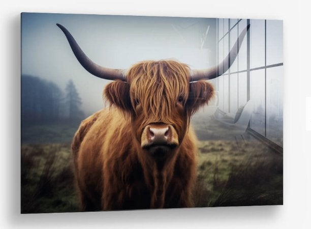 Glasschilderij Musc Ox Hooglander 60x90 - Gehard glas, Glas, Achter glas, Ophalen of Verzenden, Dieren
