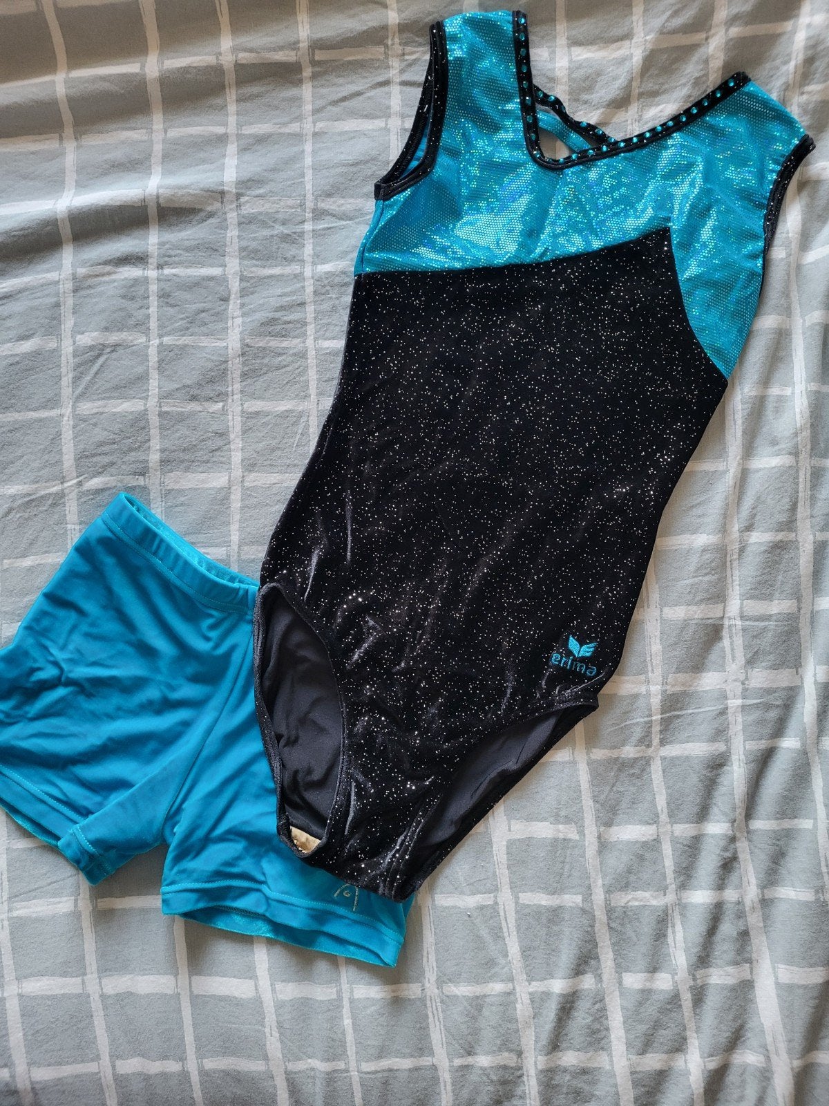 Turnpakje Erima zwart/blauw met glitters + broekje maat 164, Broek, Meisje, Ophalen of Verzenden, Zo goed als nieuw