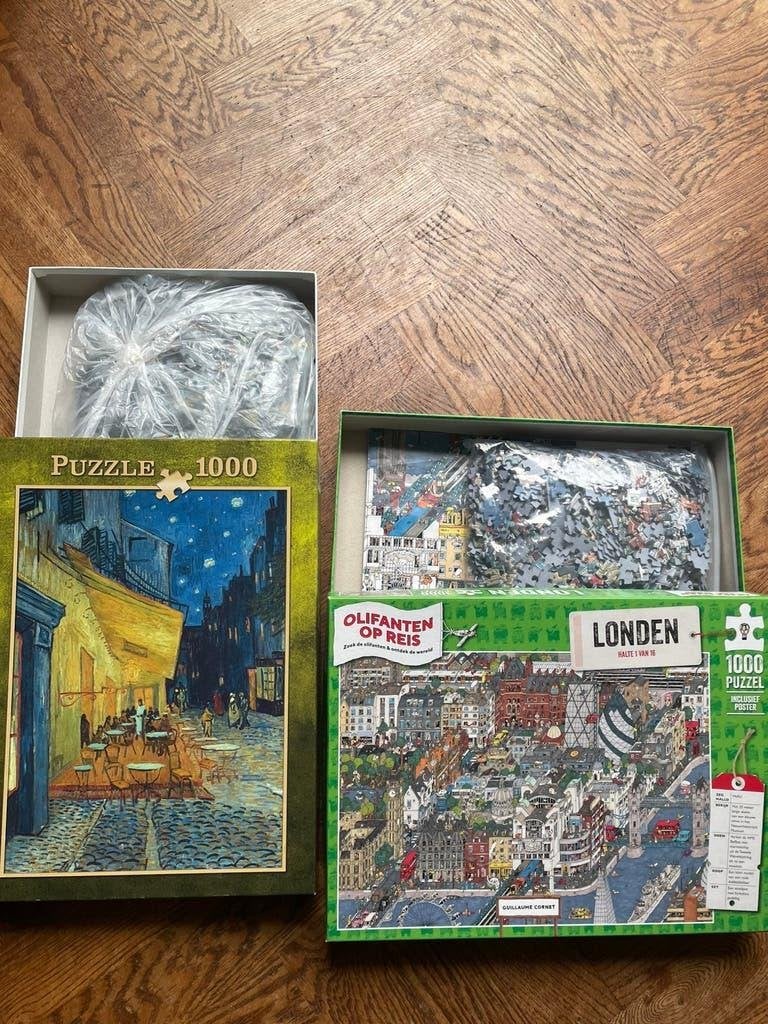 2 Puzzels: Vincent van Gogh + Olifanten op reis - Londen, Ophalen of Verzenden, 500 t/m 1500 stukjes, Zo goed als nieuw, Legpuzzel