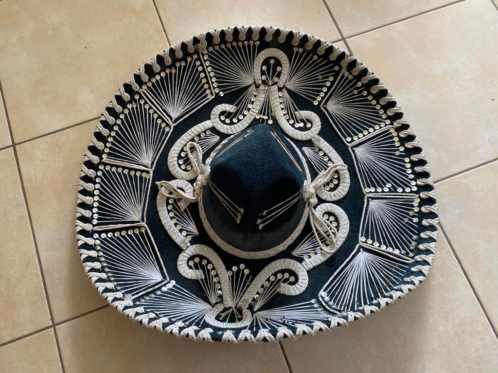 Grote originele Mexicaanse sombrero handgemaakt zwart wit, Ophalen of Verzenden