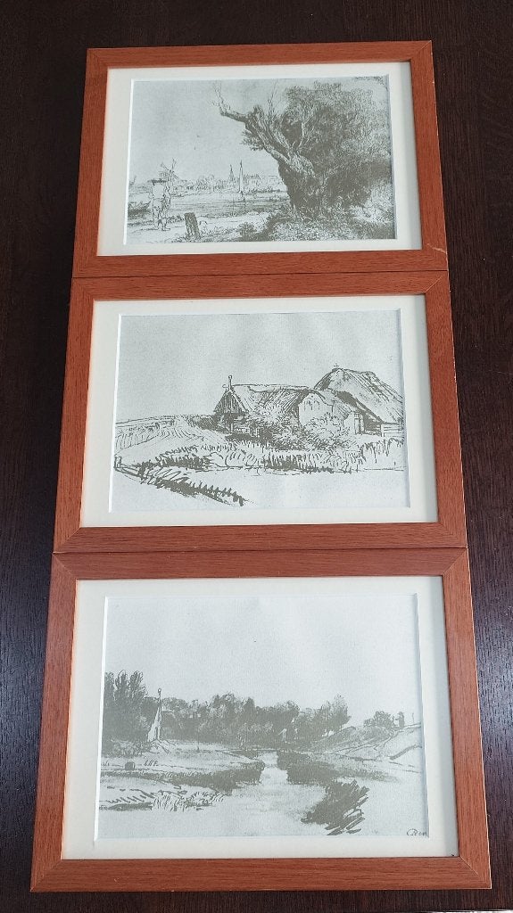 3 pentekeningen Rembrandt in fraai lijstje, Ets, Ophalen of Verzenden, 23 cm, Landschap