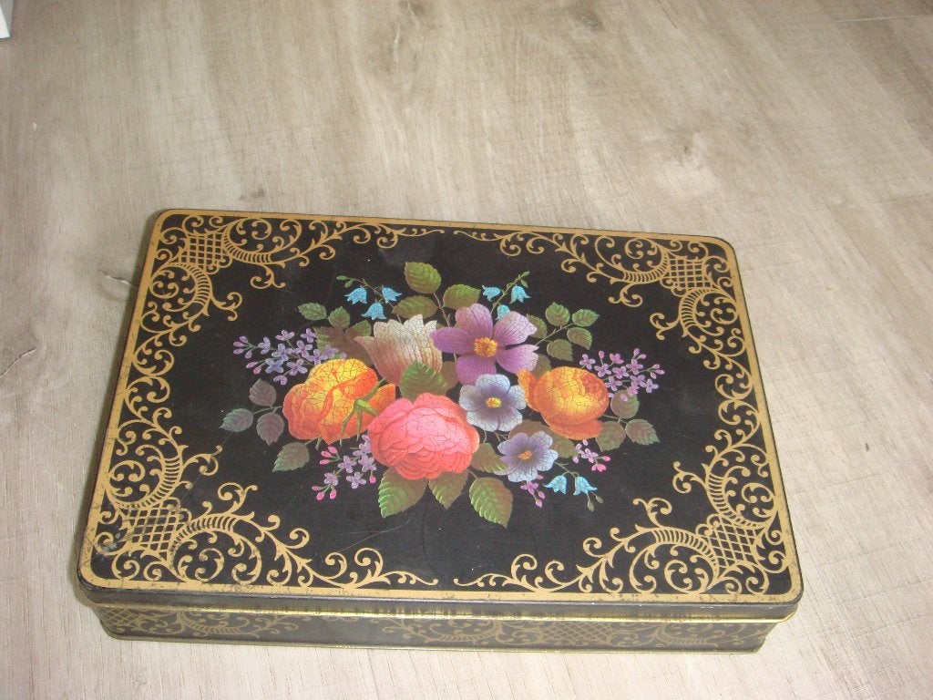 Vintage Barringer Wallis & Manners blik, bloemendecor, Verzamelen, Ophalen of Verzenden, Gebruikt, Koek(jes), Overige merken