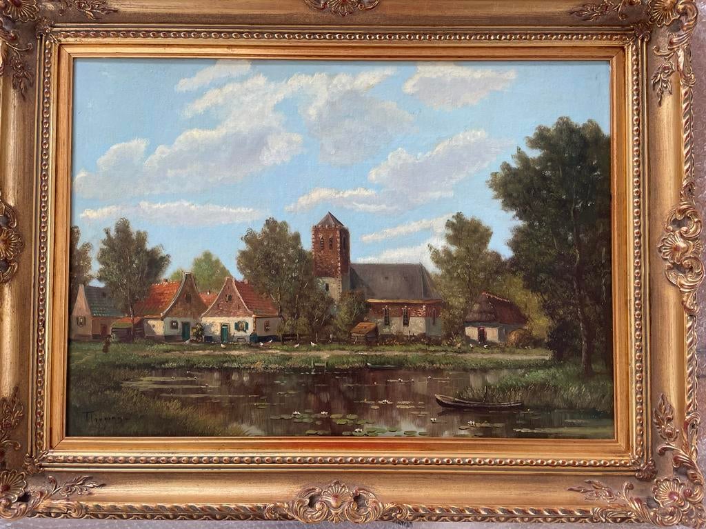 Schilderij Albert Torringa - Boerderijen naast kerk, Ophalen of Verzenden