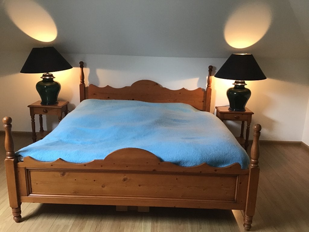 2 pers. houten ledikant, Huis en Inrichting, Ophalen, Gebruikt, Bruin, 210 cm