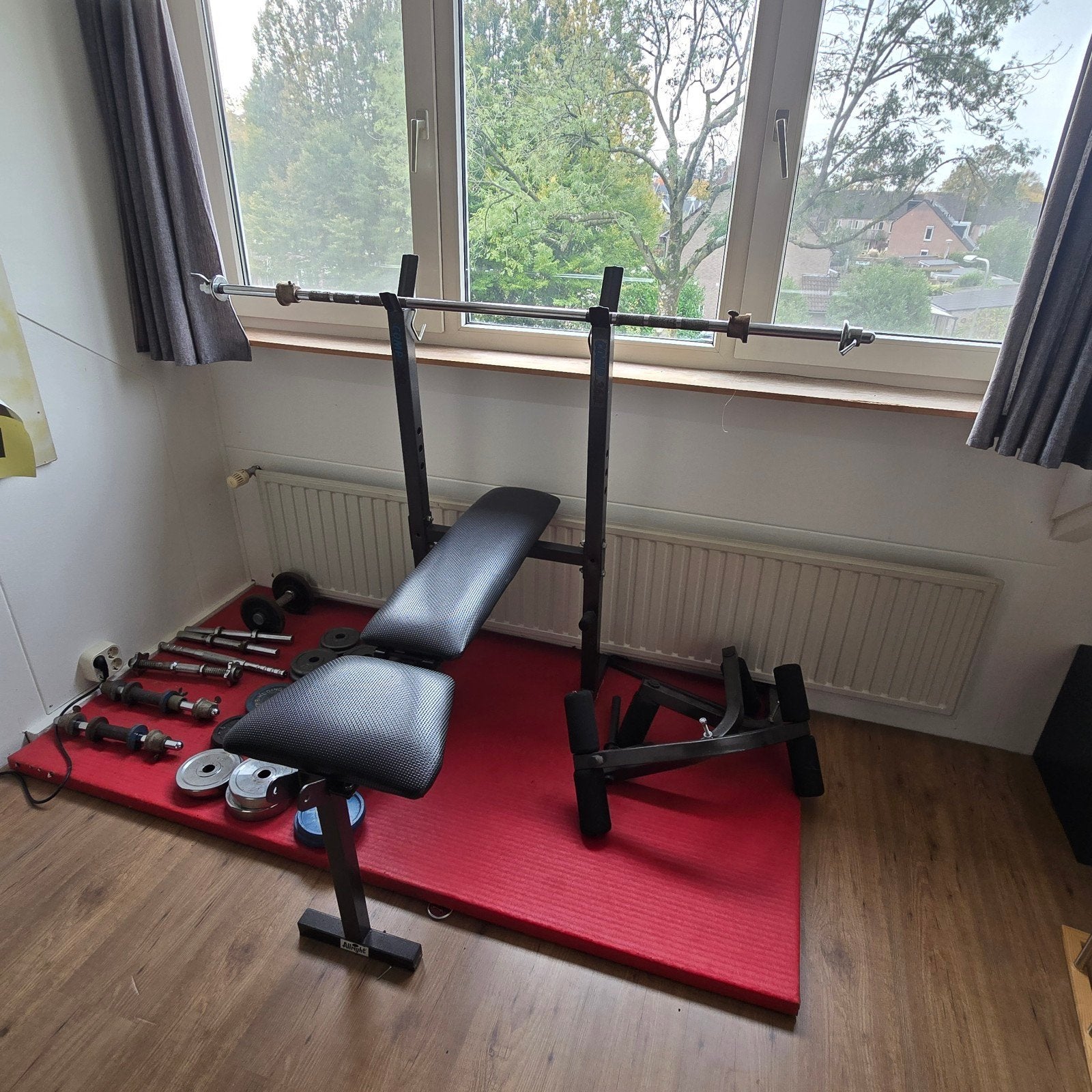 Fitnessbank met diverse dumbbells en gewichten, Ophalen, Gebruikt, Benen, Fitnessbank