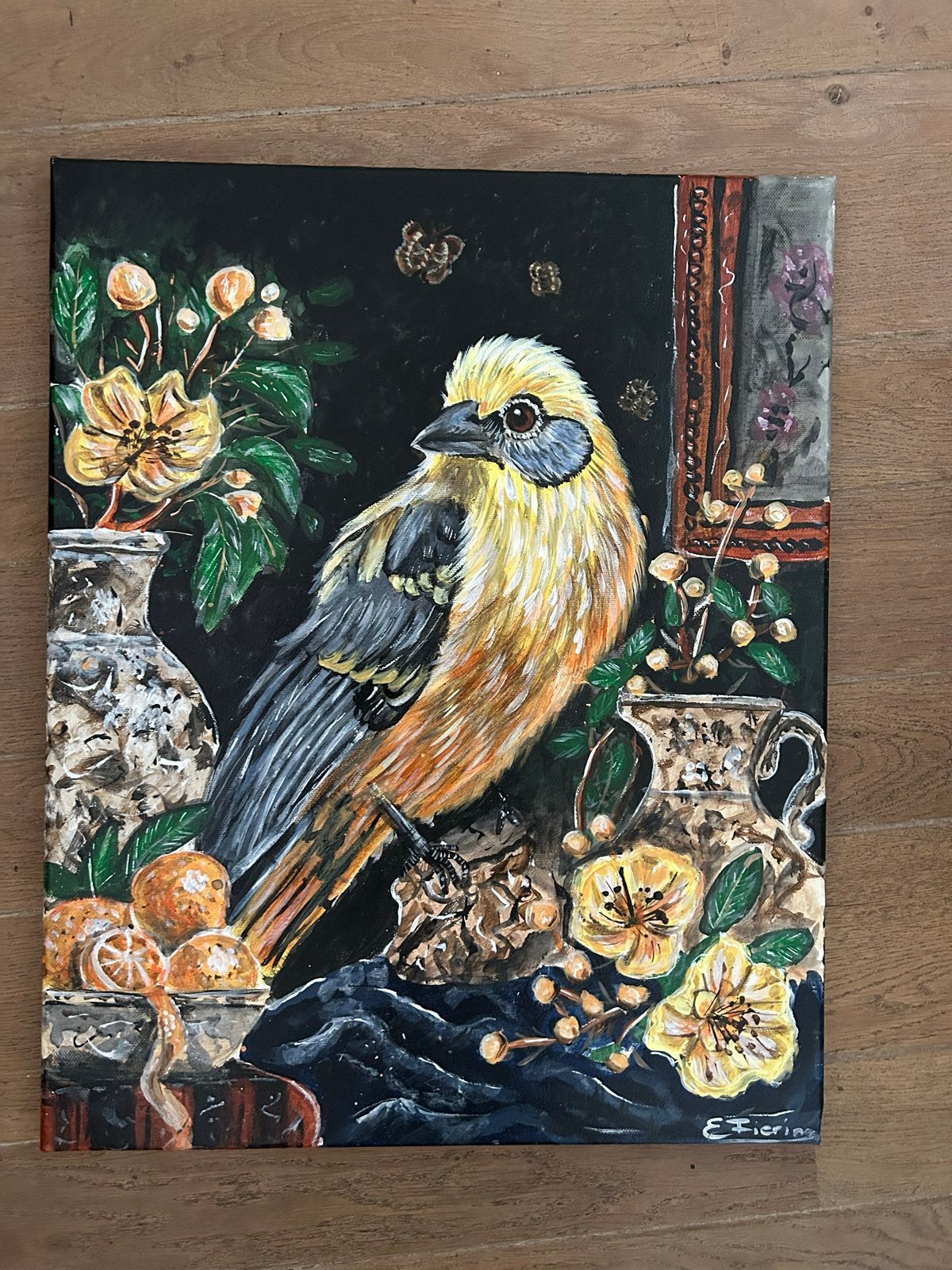 Uniek Acrylschilderij: Vogel met Bloemen en Fruit (40-50cm), Antiek en Kunst, Ophalen of Verzenden, Gelakt/vernis, Acrylverf, Dieren