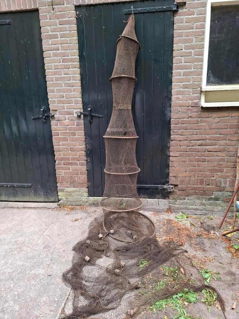 Oude antieke getaande katoenen visfuikfuik houten hoepels, Gebruikt, T, Ophalen of Verzenden, N