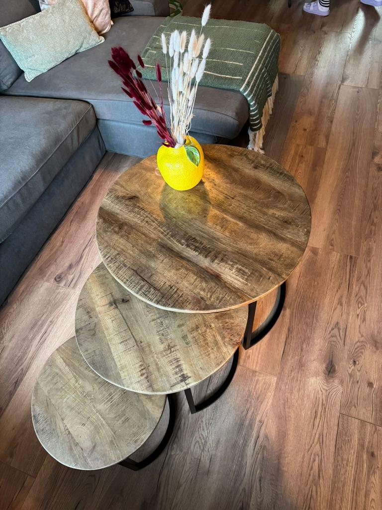 Set van 3 mango houten salontafels, Ophalen, 50 tot 100 cm, Rond, Zo goed als nieuw